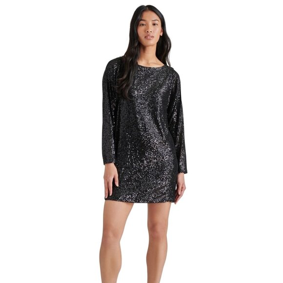 89$ STEVE MADDEN Ginger Sequin Mini Party Dress Long Sleeves Size 6 Black - Picture 2 of 2